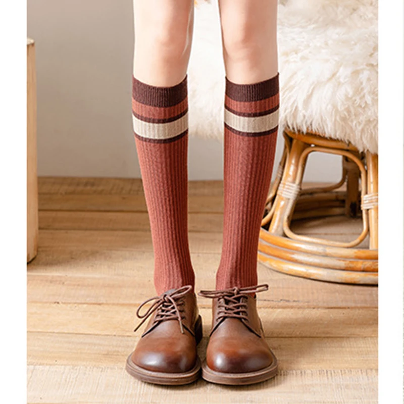 Women Stockings shank winter colour stripe long Socks Warmer Thicken for lady Girls over the knee socks JK thin leg knee-high