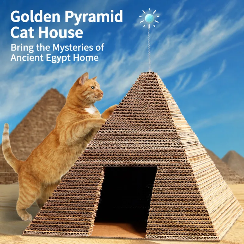 Pyramid-Shaped 2-in-1 Cat House with Scratching Post, High-Density Corrugated Cardboard, Toys, and S