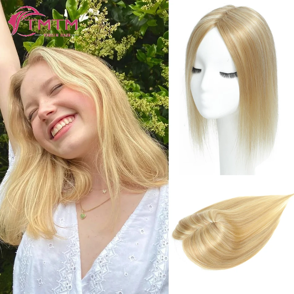 Straight Human Hair Topper for Women Natural Scalp Top Hair Pieces with Three Clips Real Remy Hair Middle Part Hair Extension