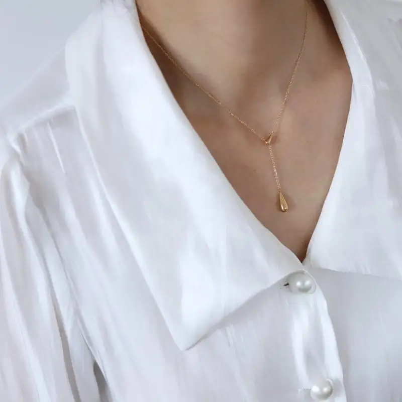 Vintage Water Drop Y-Shaped Lariat Necklace Waterproof Stainless Steel Teardrop Pendant Adjustable Clavicle Chain Gift For Wome