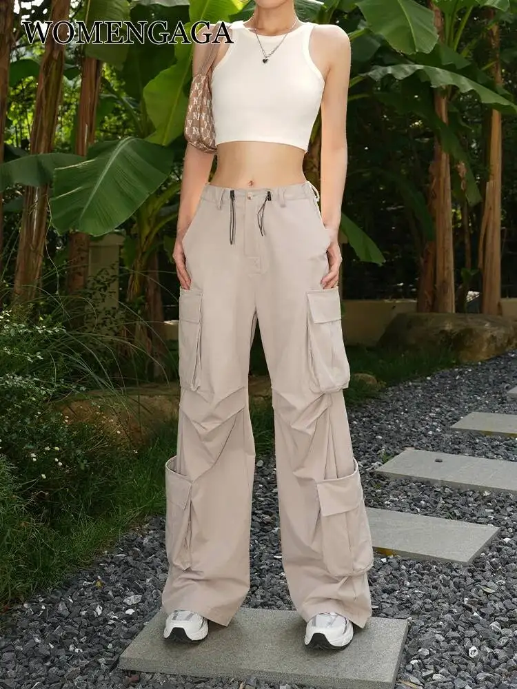 

WOMENGAGA American Summer Cargo Pants Women High Street Drawstring Straight Slim Sports Thin Summer Wide Leg Pants L8WH
