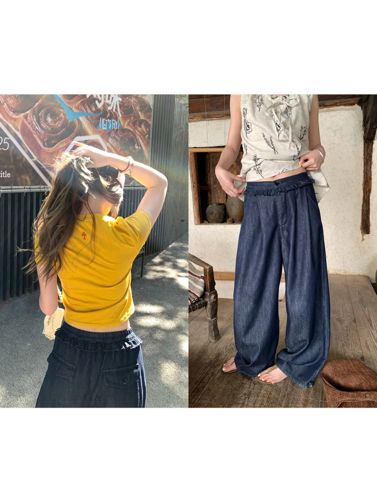 

Свободные женские широкие джинсы American Sweet Bean в стиле ретро, оригинальные летние джинсовые брюки цвета быка, повседневные летние джинсовые брюки