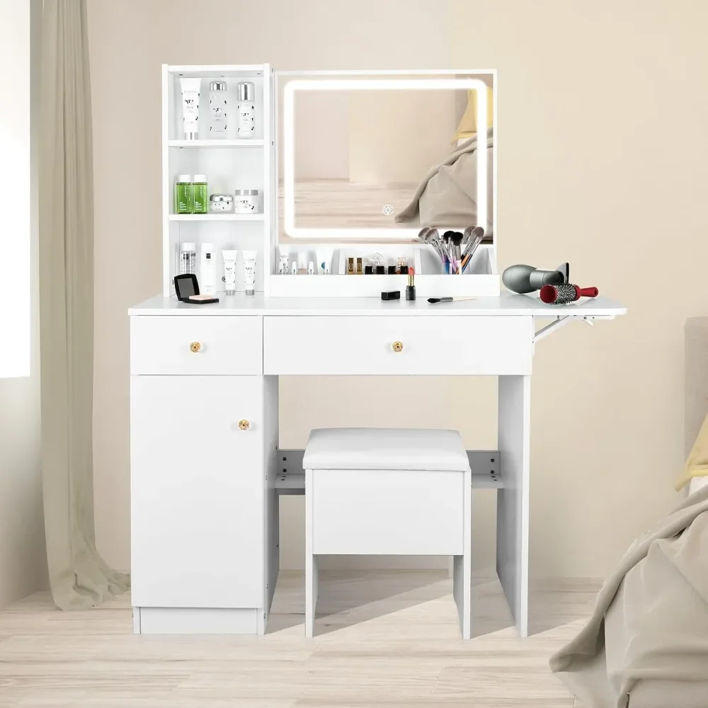 Dressing table with lights and mirrors,2drawers and a storage stool,3 lighting modes,for bedroom and bathroom use15.7Dx44Wx55.1H