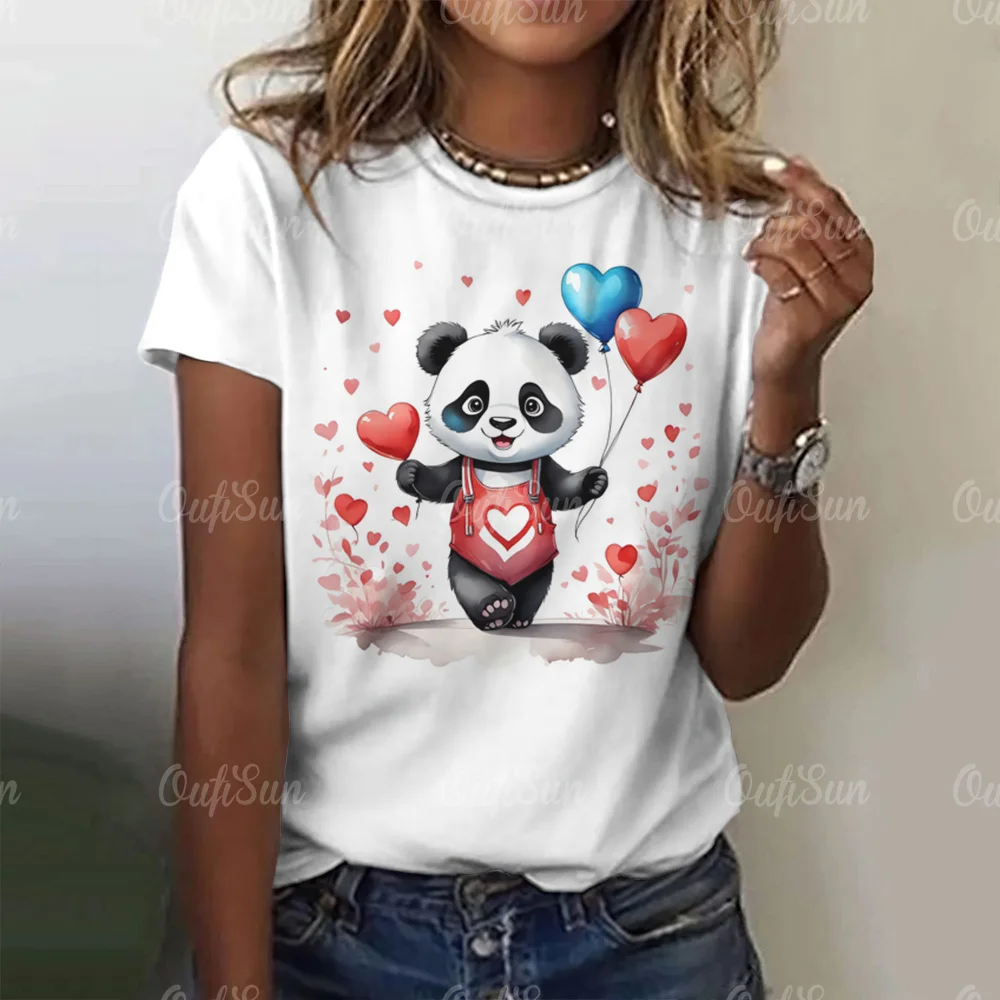 Cartoon Panda Pattern Women\'s T-Shirt O Neck Short Sleeve Tees Loose Pullover Summer For Ladies Female Fashion Streetwear Tops