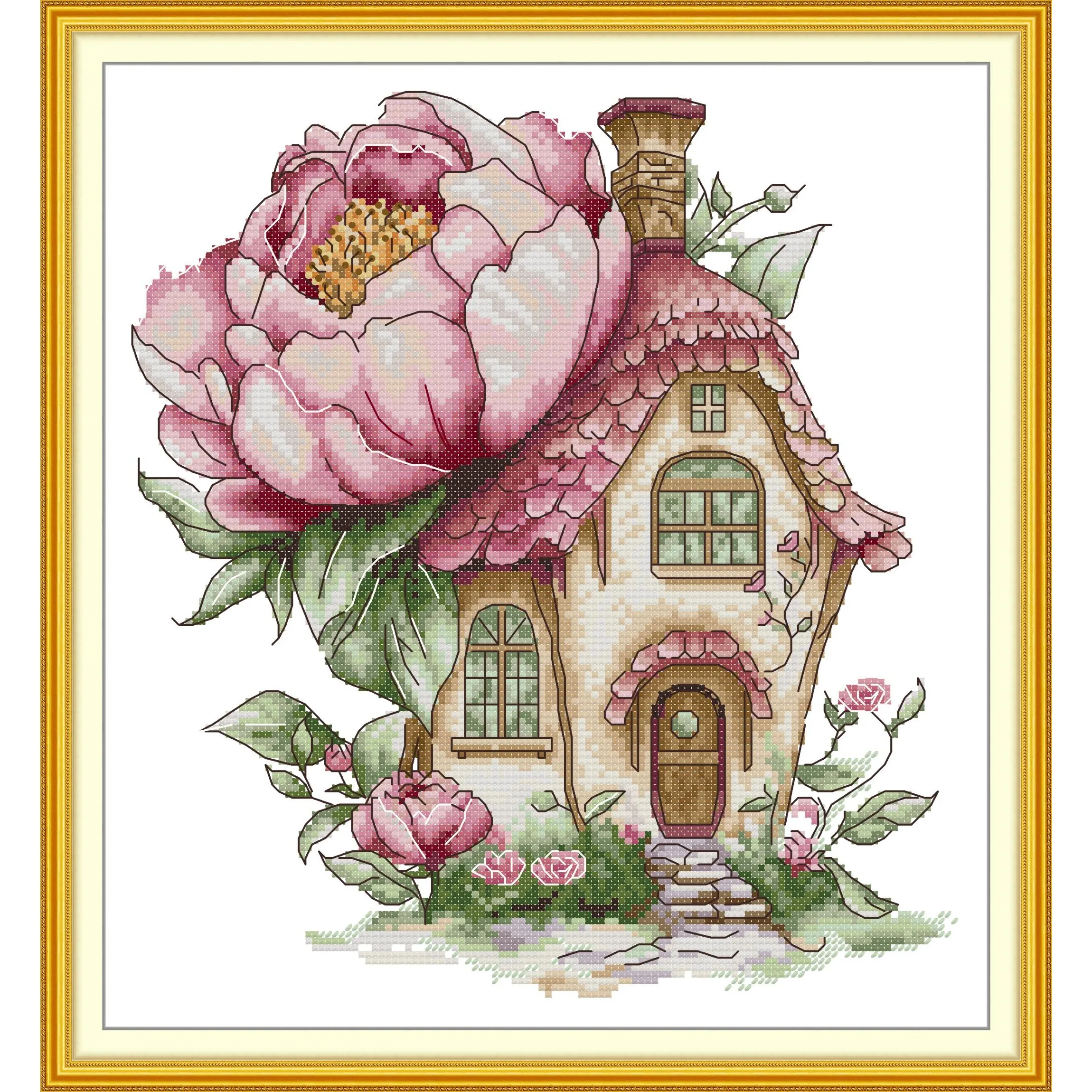 

Joy Sunday Pre-printed Cross Stitch Kit Easy Pattern Aida Stamped Fabric Embroidery Set-Peony Cottage