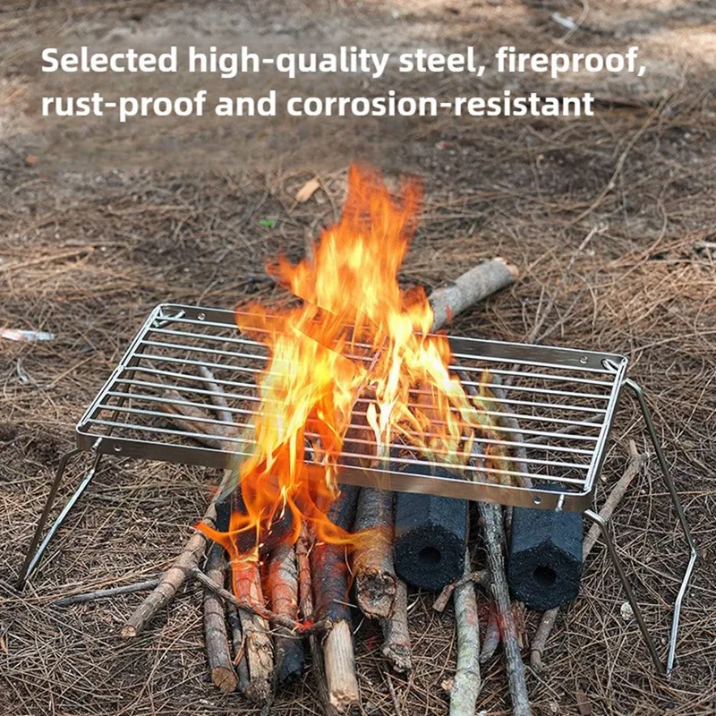 Portable Stainless Steel Stove Set - Folding Pot Rack and BBQ Grill Tray - Mini Camping Cookware with Kettle Bracket-ABFB
