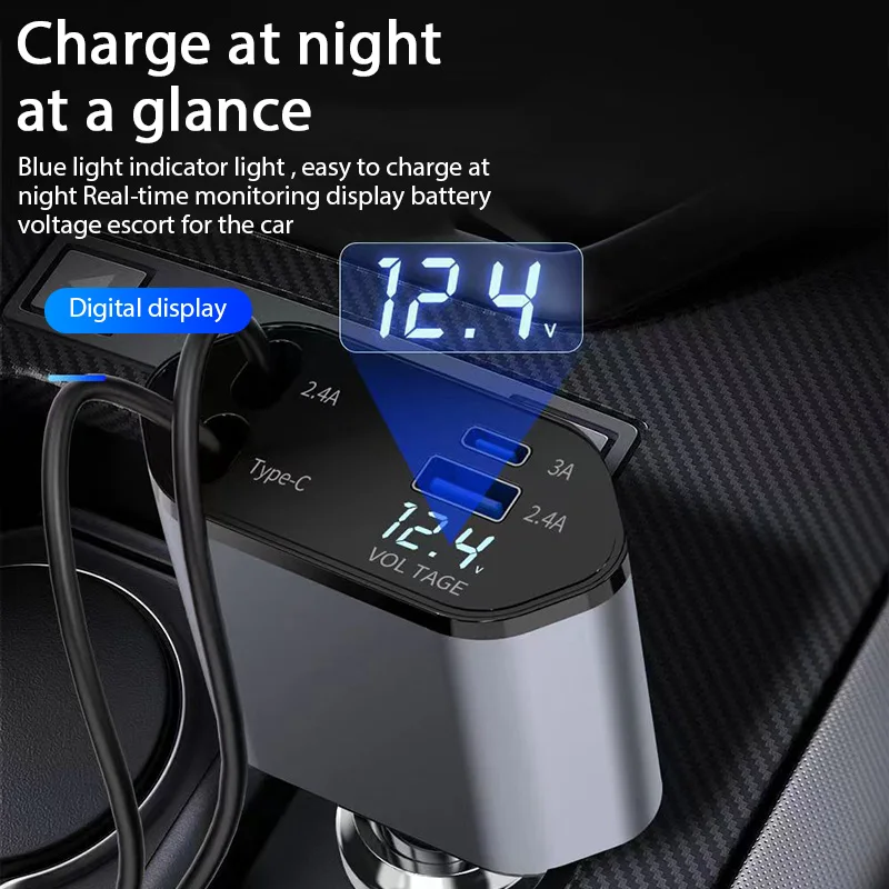 4 in 1 120W Car Charger Retractable Car Cigarette Lighter Adapter USB Type C Fast Charger Cable For IPhone Xiaomi Huawei Samsung