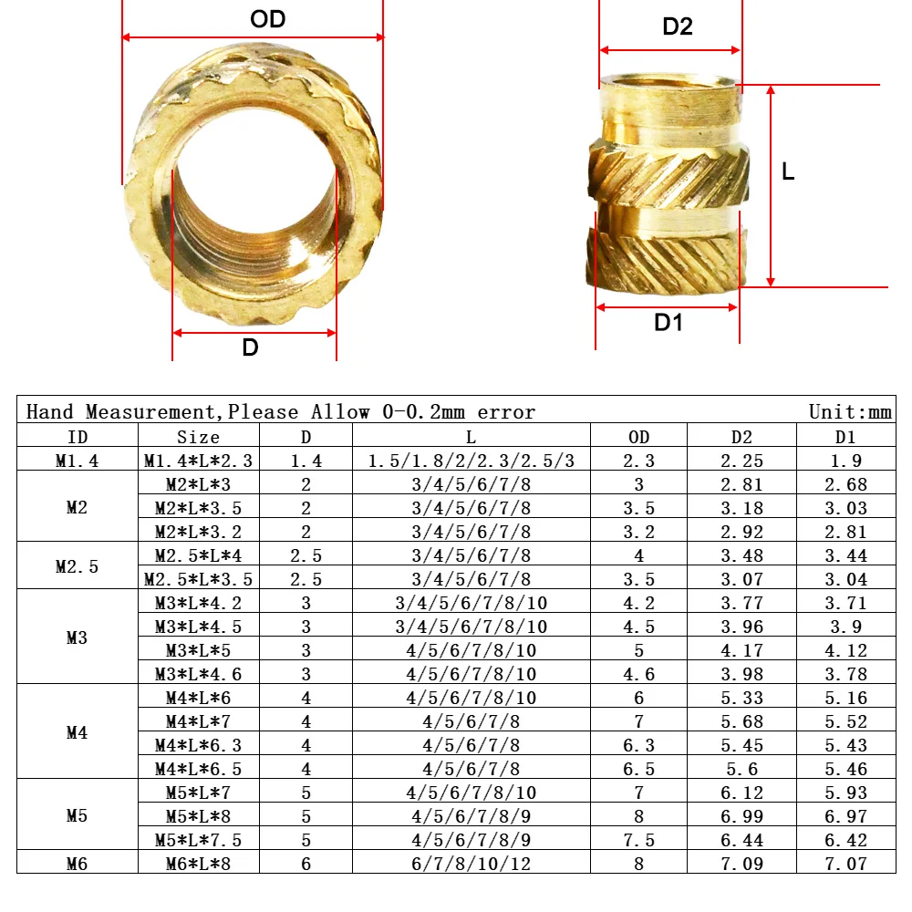 M2 M3 M4 M5 M6 Brass Insert Nuts Double Knurled Hot Melt Injection Embedded Heating Threaded Nut Inserts For 3D Printer Laptop