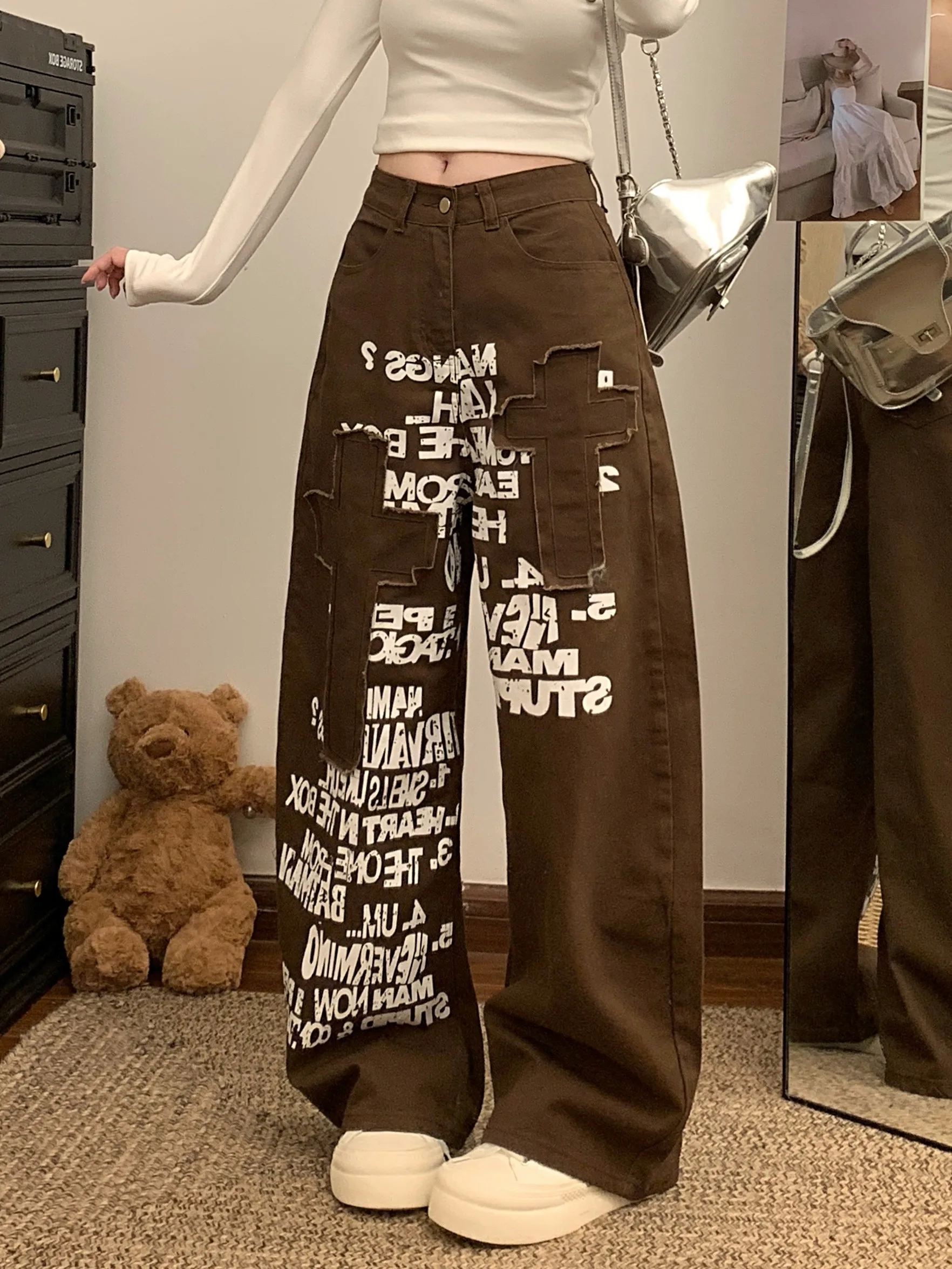 

Женские длинные брюки Cafeau, весенне-летние свободные джинсы прямого кроя с принтом и надписями, повседневные, удобные, из мягкой ткани