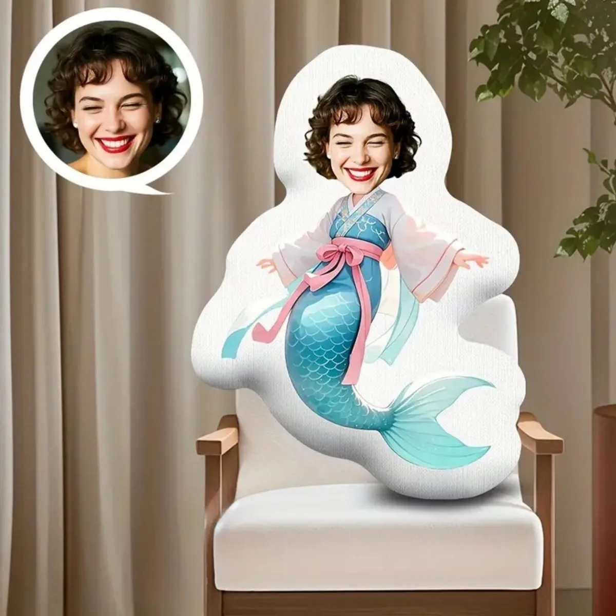 وسادة قطيفة منزلية مخصصة للصور - هدية مخصصة على شكل وجه حورية البحر مع صورتك، هدية تذكارية #6