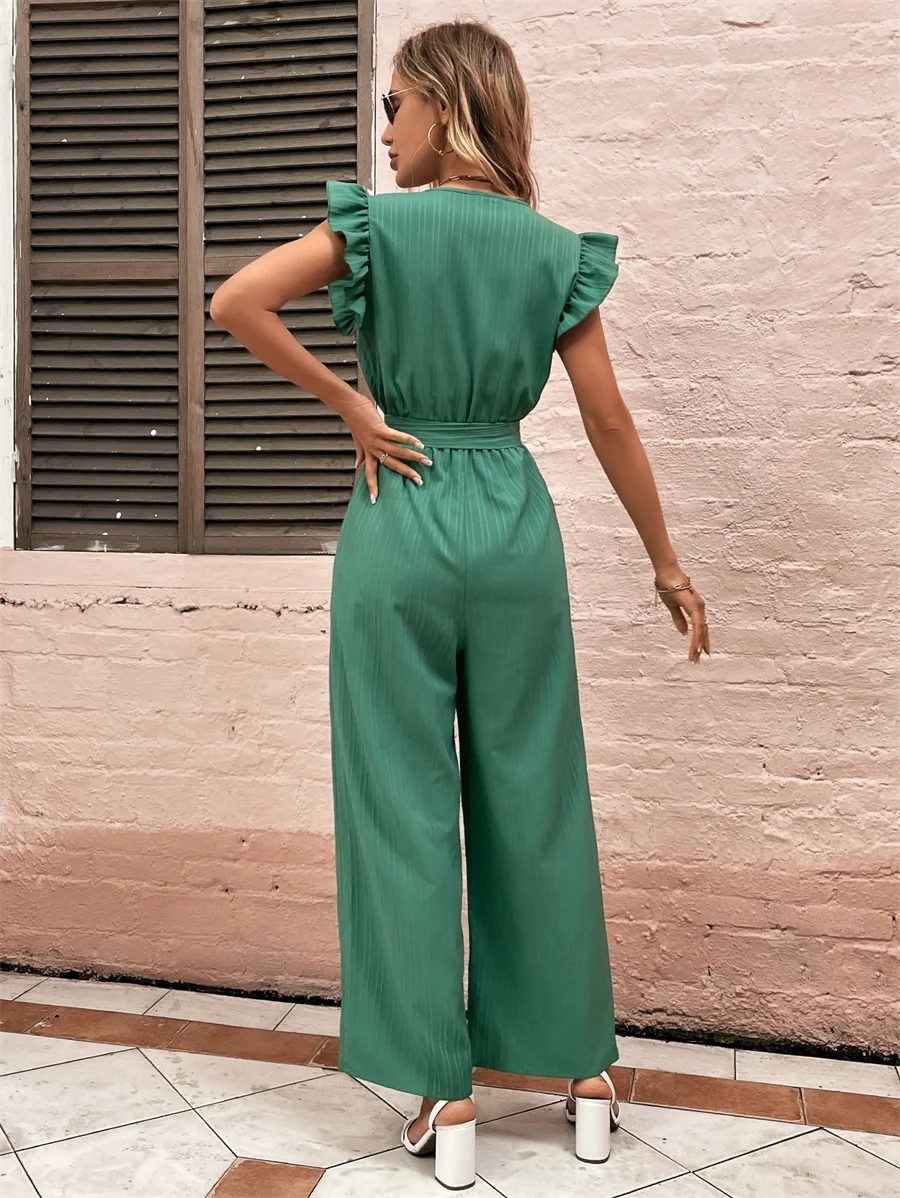 Benuynffy Solid Ruffle Trim Belted Jumpsuits Women's Summer Surplice Neck High-waisted Casual Vacation Female Wide Leg Jumpsuit