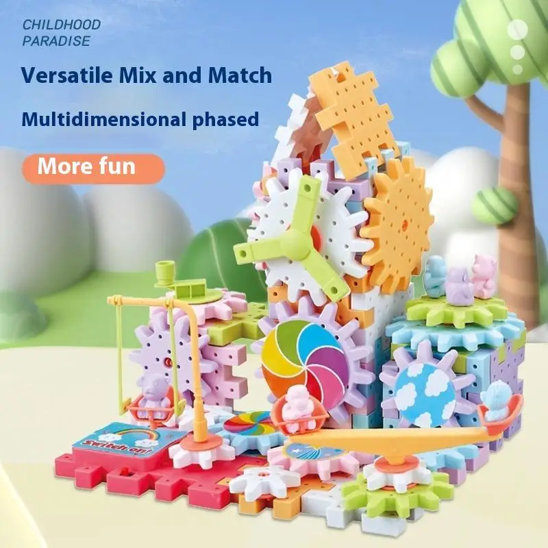 1 Set Montessori Block Bricks Toy For Children Versatile Electric Rotating Gear Building Block Toys Boys Girl Birthday Gifts