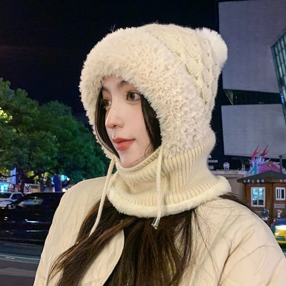 

Fashion One Piece Winter Knitted Hat Fleece Lined Thickened Windproof Hat Keep Warm Cap Mask Set Hooded Women