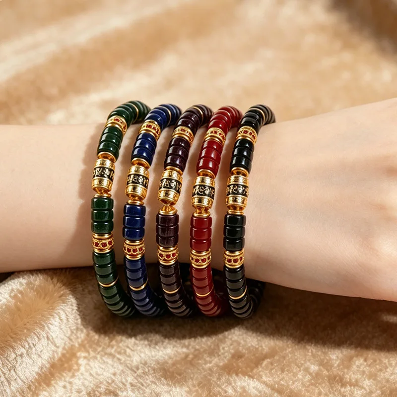 Handmade Chinese Traditional Sherpa Glass Flat Disc Beads Bracelet With Engraved Prayer Wheel Charm Ethnic Jewelry For Men Women 4