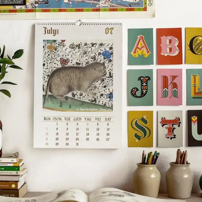 Calendario de gatos medievales feo, planificador mensual divertido de pared, colgante de pared, regalos únicos para amantes de los gatos, 2024