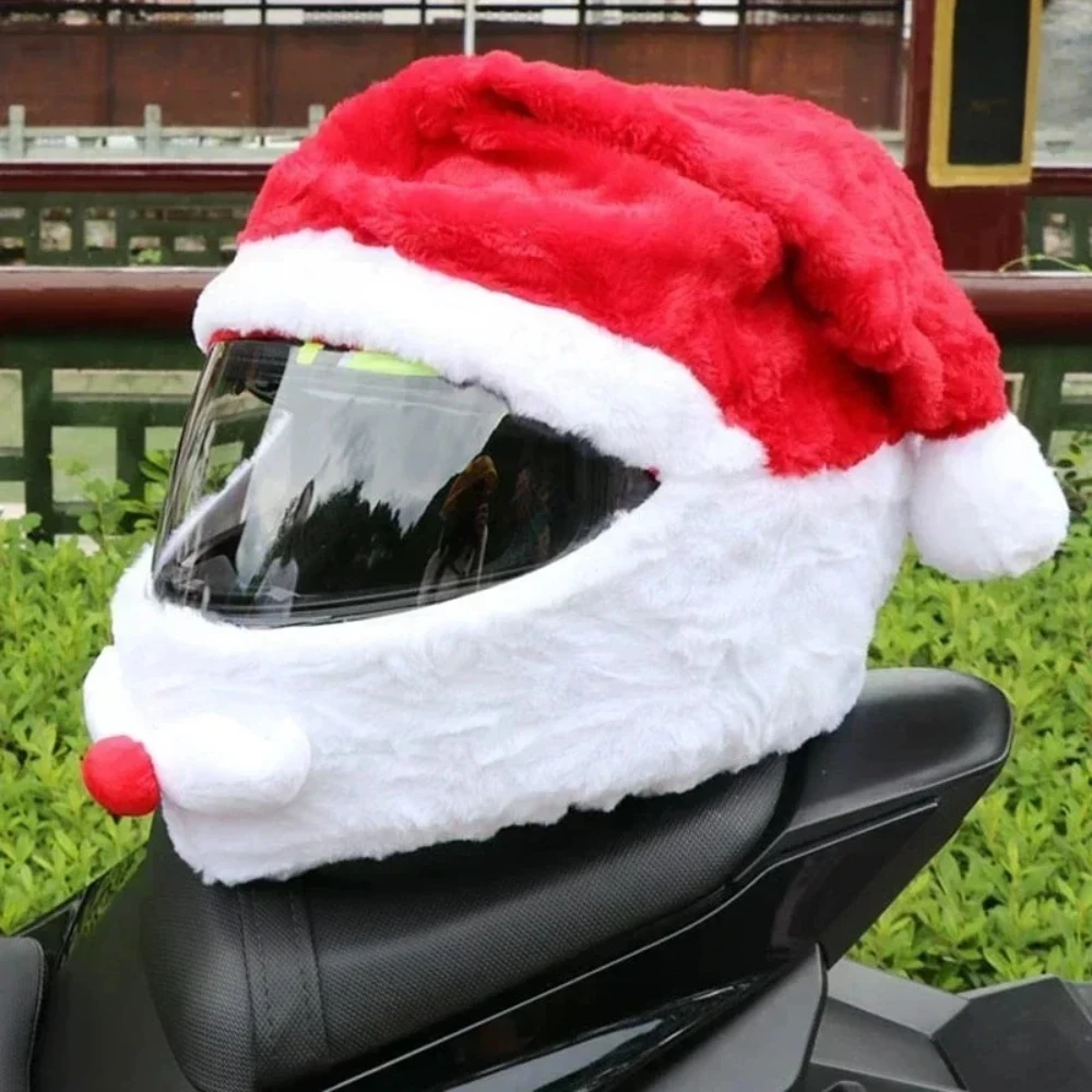 1pc Plush Santa Helmet Cover for Motorcycle – Christmas Ride Accessory Bike Headgear Xmas Party Costume Decoration