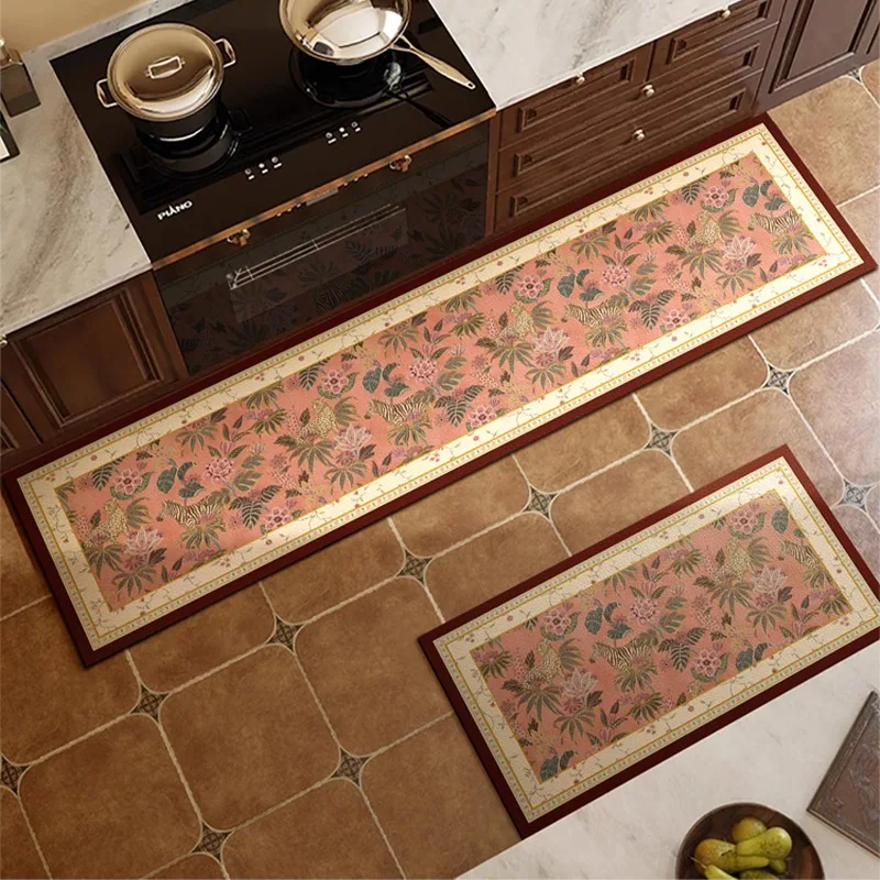 

American Retro Style Kitchen Carpet Creative Flower Pattern PVC Floor Mat Waterproof Wipeable Washable Dirt-resistant Foot Mats