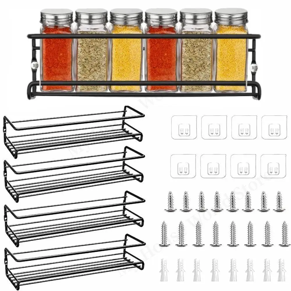 Organizador de cocina, estantes de especias colgantes de Metal para el hogar, restaurante, estante de condimentos montado en la pared, estante de almacenamiento de tarros de especias de una sola capa