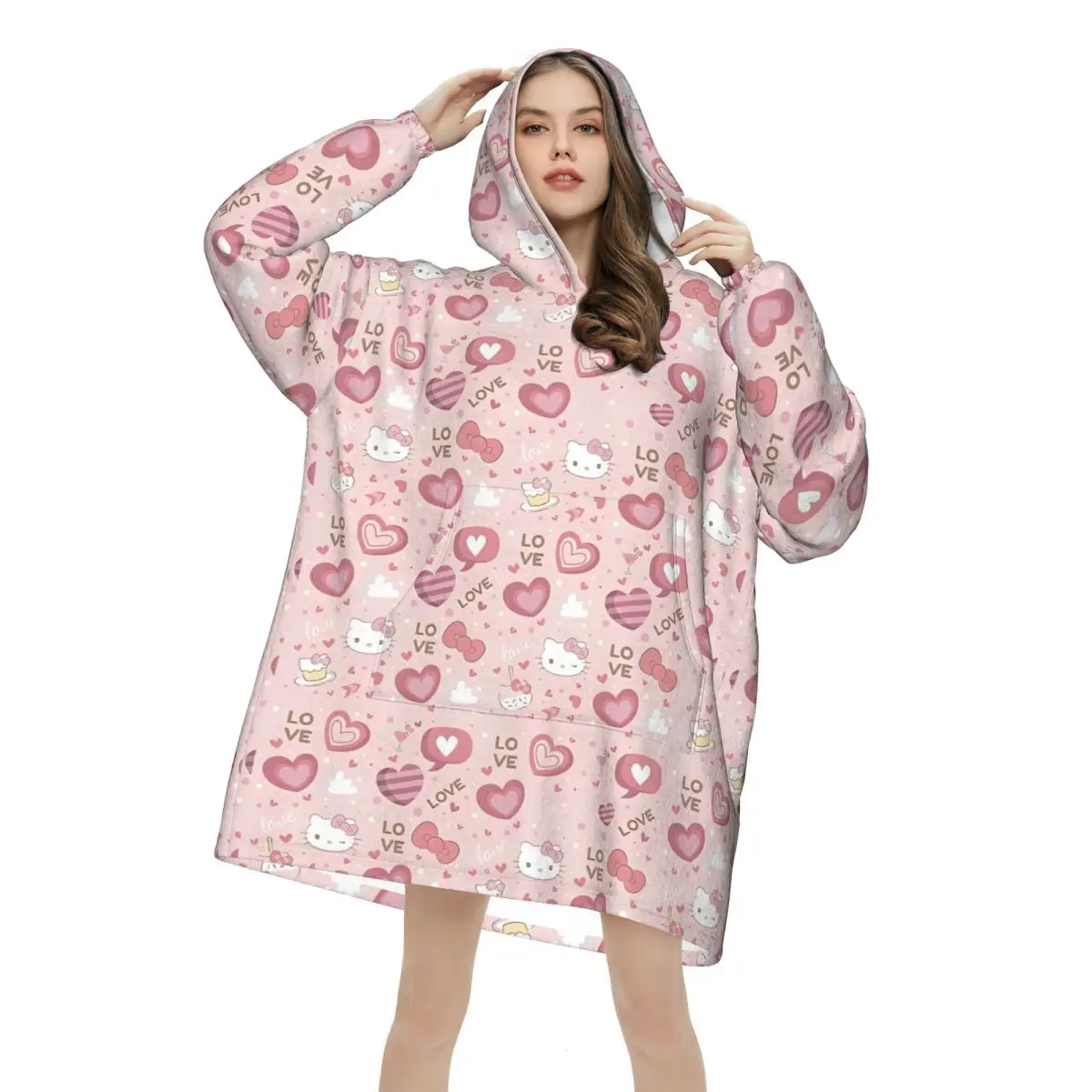 

Hellos Kittys Kawaii Cat Oversized Blanket Hoodie Sweatshirt Long Fleece Hooded Wearable Blanket with Large Pocket for Women Men