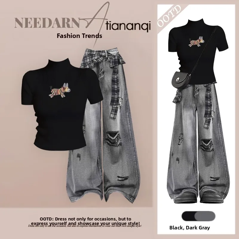 Slimming Effect Korean Style Half High Collar Knitted Top with Casual Jeans Two Piece Set Summer 2026 Women's Fashion Ensemble
