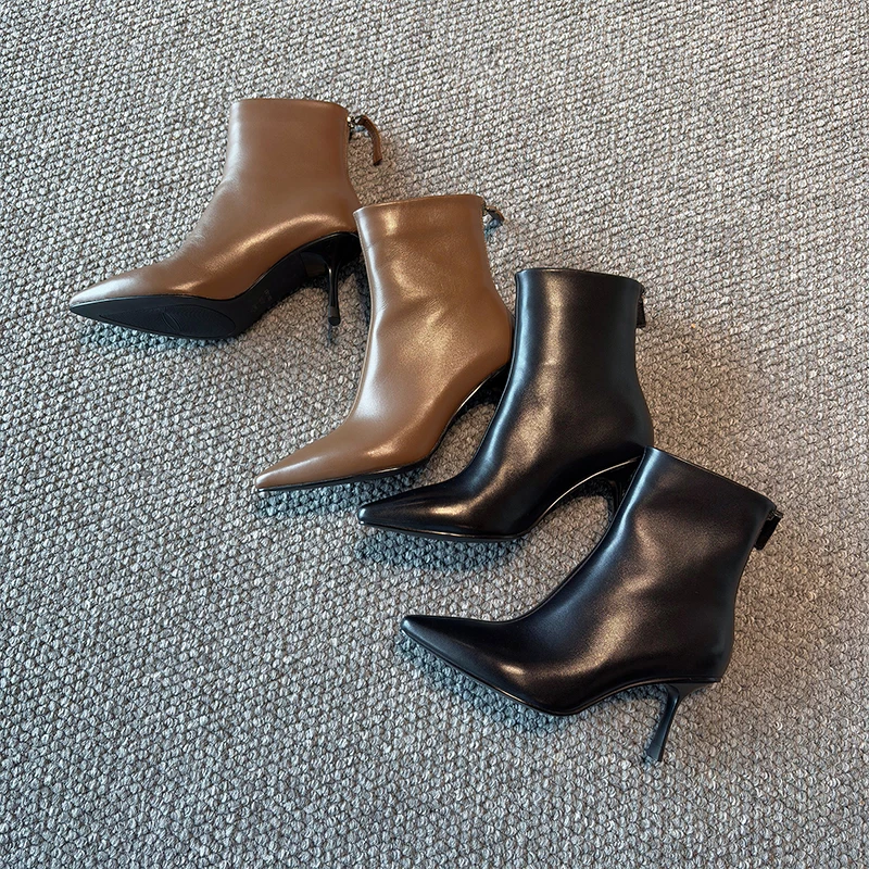 ESVEVA 2027 Fashion Winter Women Ankle Boots Genuine Leather Autumn Shoes Zipper High Heels Pointed Toe Dress Short Boots 34-40