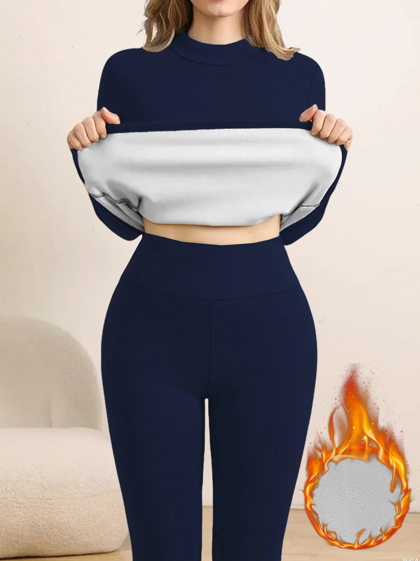 أطقم ملابس داخلية دافئة فائقة النعومة برقبة عالية مع أطقم تدريب مبطنة بالصوف السميك أطقم بيجامات شتوية للطقس البارد #1