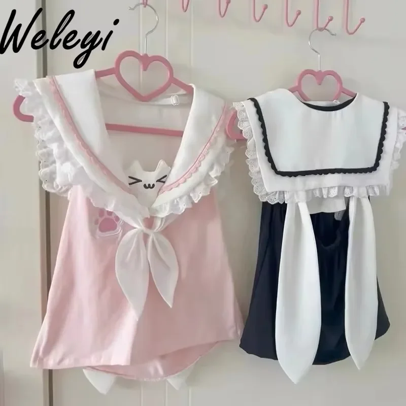 Zomer Leuke Kat Sailor Kraag Vest Vrouwelijke Student Japanse Stijl Top Zachte Meisjeskleding Kant Stiksels Mouwloos T-shirt Vrouw