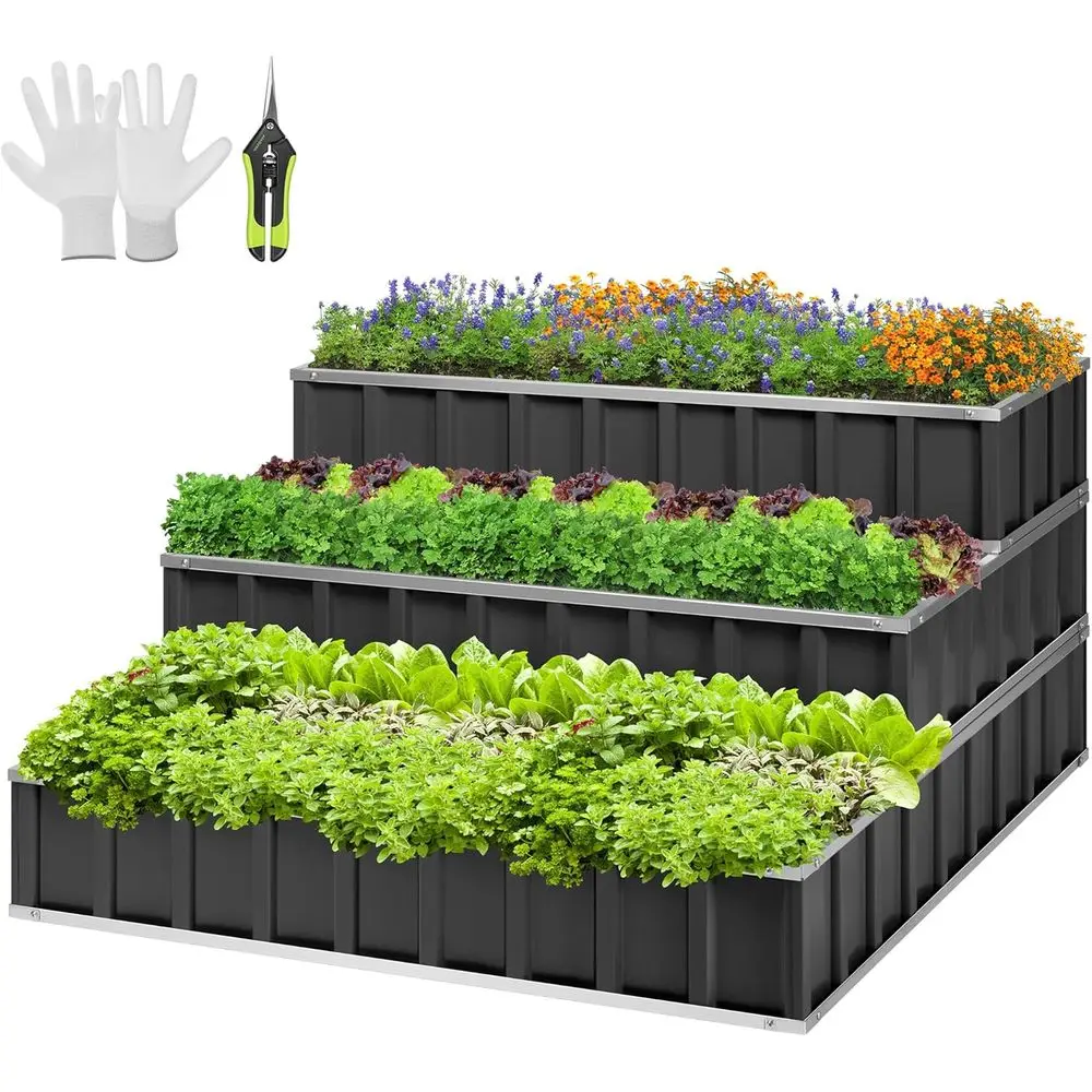 

3-Tier Galvanized Steel Garden Bed, 46 x 46 x 24 Outdoor Planter for Flowers, Vegetables, and Herbs