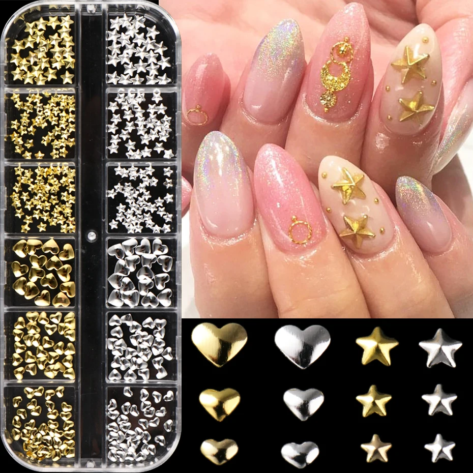 12 Grids Golden Silvery Love Heart Star Nail Art Decoration 
