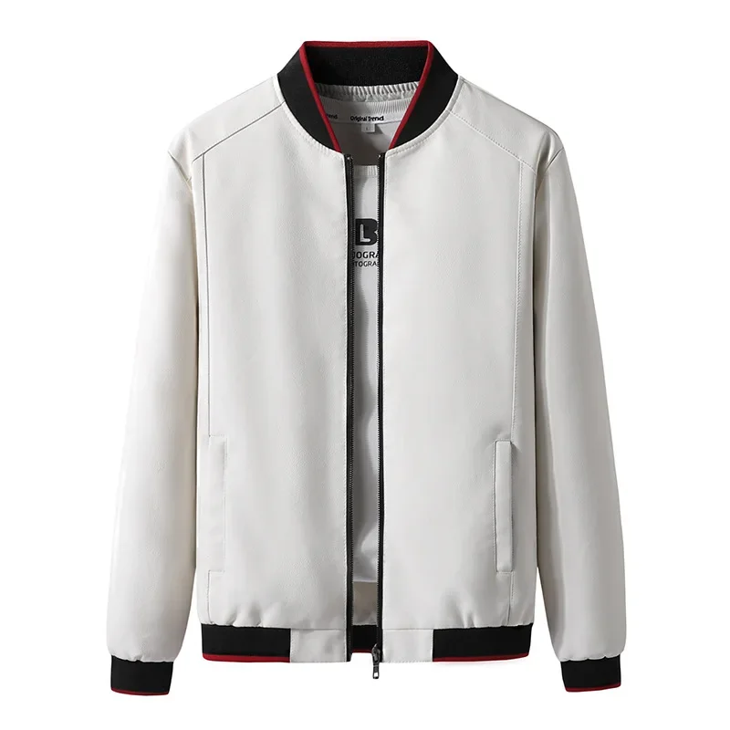 

2024 Men's Spring New White PU Leather Clothing Youth Baseball Collar Slim Handsome Biker's Leather Jacket