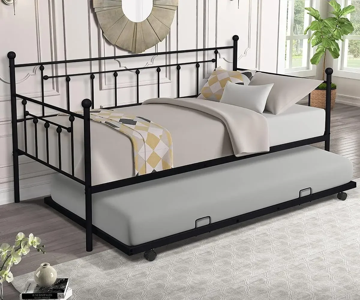 Metal Living Room Guest Bed Pull Out Trundle Vintage Metal TrundleFrame for Guest Room,Bedroom (Black)