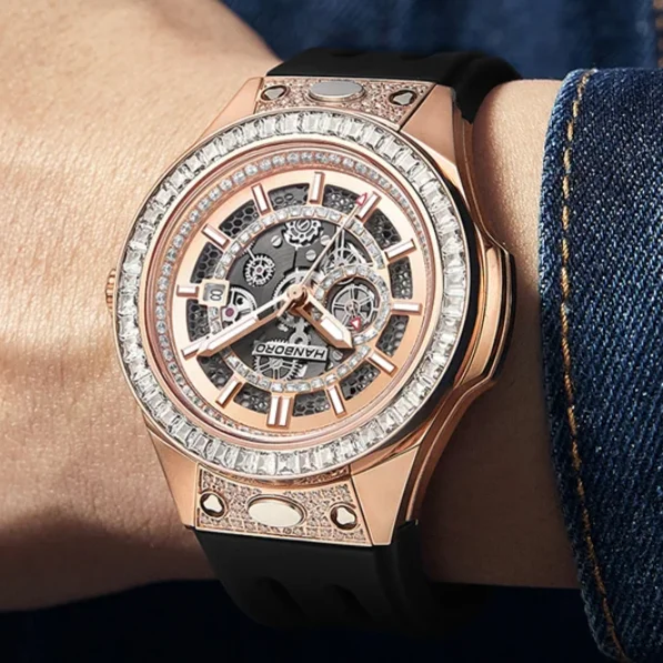 HANBORO Men Automatic Watch 42mm Mechanical Wristwatch Sapphire Waterproof Luminous Skeleton Dial 24 Hours Date Miyota 8217