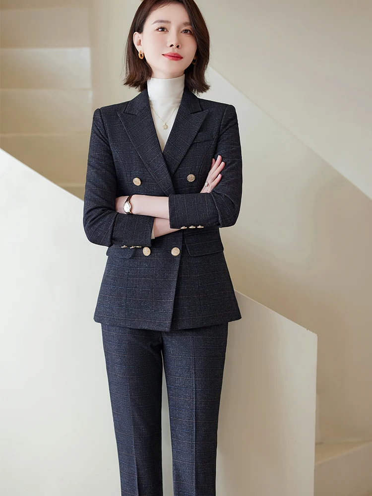 Autumn Winter Red Coffee Blue Black Ladies Pant Suit Women Female Business Work Wear Plaid Jacket and Trouser Blazer 2 Piece Set