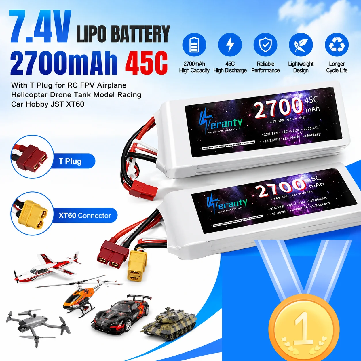 1/3PCS 2S 7.4V Lipo Battery 2700mAh 45C With T Plug for RC FPV Airplane Helicopter Drone Tank Model Racing Car Hobby JST XT60