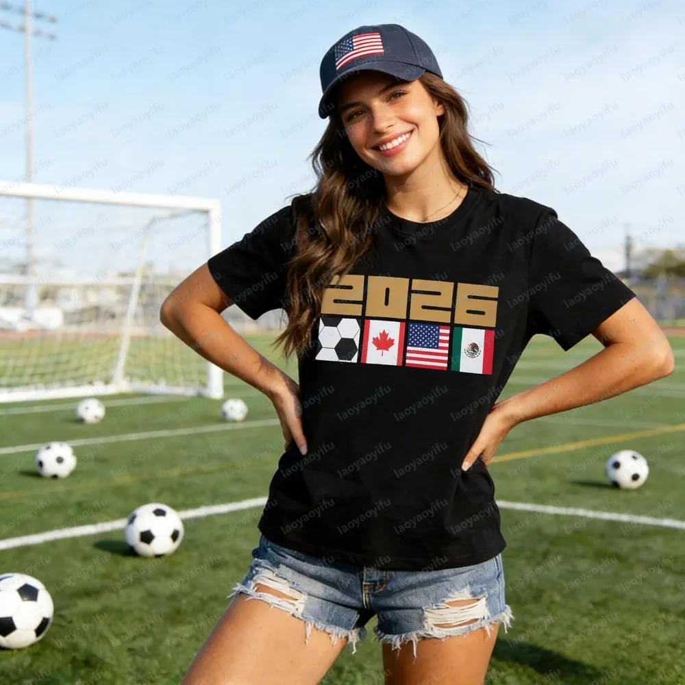 2026 Soccer Cotton T-Shirt USA Canada Mexico Flag & Football 2026 Print Casual Short Sleeve Crew Neck Tee Match Day Apparel Tops
