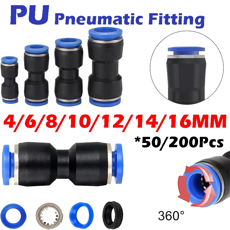 

50/200Pcs Pneumatic Fitting Straight Push Plastic Connector 6/8/10/12/14/16mm Trachea Connector PU Air Hose Tube