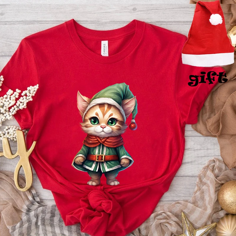 Women's T-shirts Cute Cat Print Party Tees with Christmas Hats Gift Casual Female Clothing Harajuku Y2K Hip Hop Streetwear