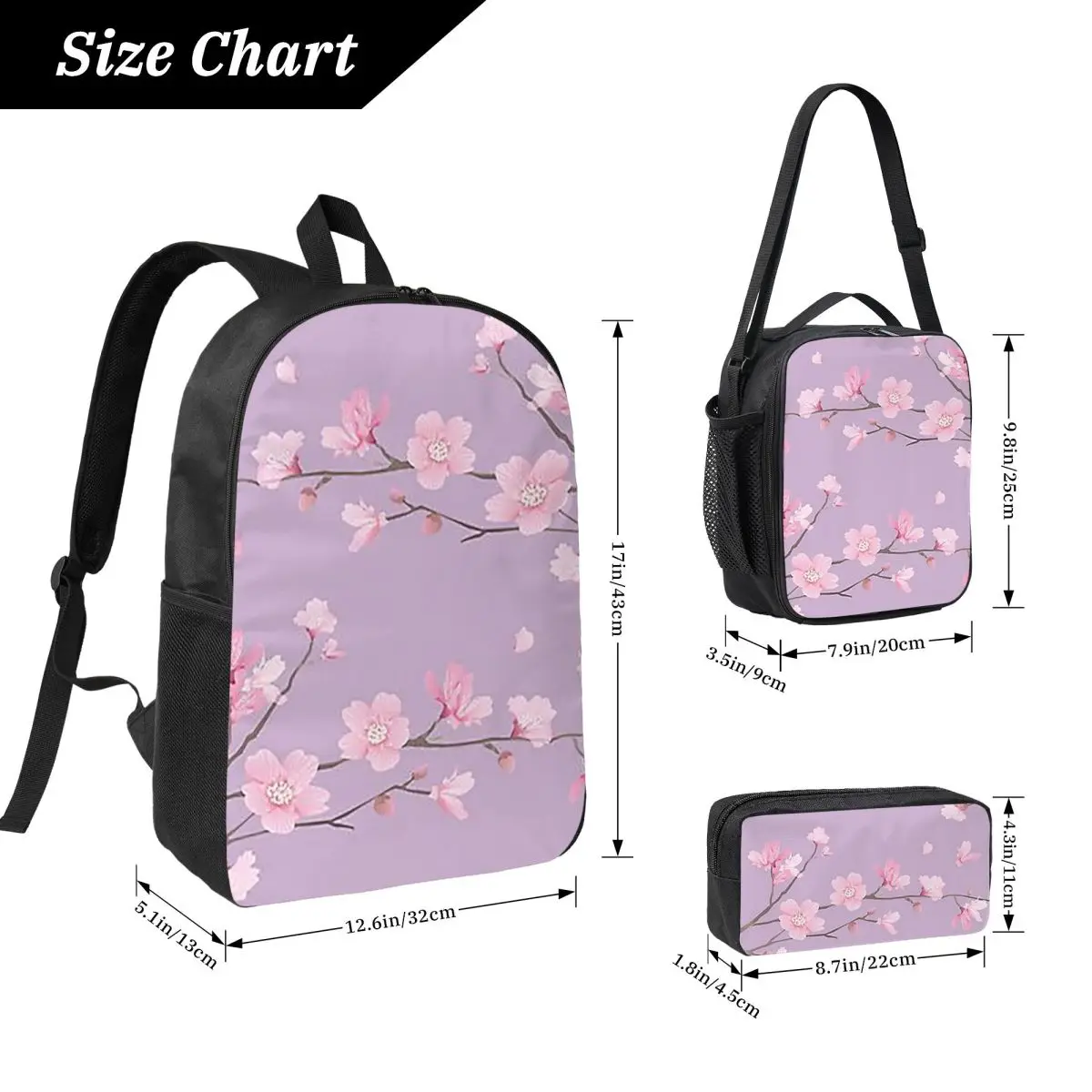 Cherry Blossom Flower Plant Pastel Purple Backpack BookBag School Bag Laptop Shoulder Bags 3ps Insulated Lunch Bag Pencil Case