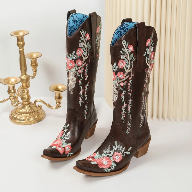 2026 New Style - Versatile Embroidered Large-Sized Rivet Fashion Boots for Women - Knee-Length Boots