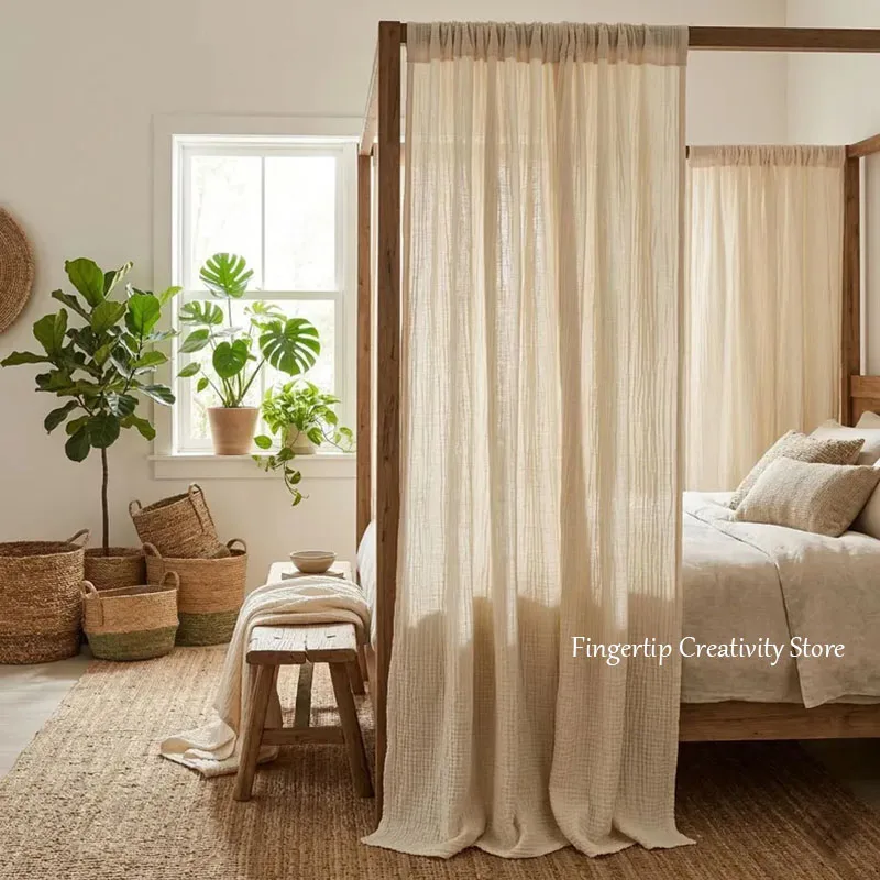 Crinkled 100% Cotton Muslin Bed Canopy Panels, Boho Bedroom Drapes, Soft Breathable Four Poster Curtains Living Room Decoration