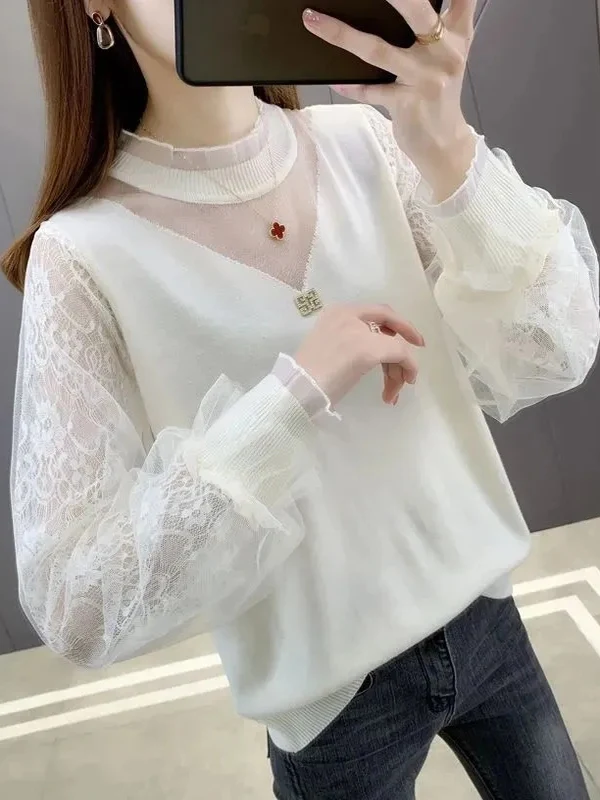 Lace Hollow out Knitted Sweater Women's Loose round Neck Spring Autumn New Style Pure Color Base Shirt Fashionable Versatile