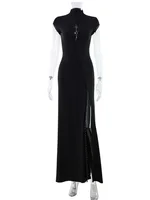 CNYISHE Short Sleeve O Neck Women Dresses Split Metal Buckle Solid Sheath Sexy Club Fashion Evening Party Outfits Female Bodycon - Image 6