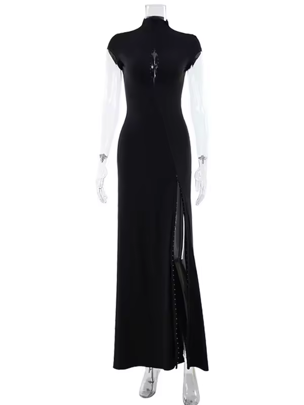 CNYISHE Short Sleeve O Neck Women Dresses Split Metal Buckle Solid Sheath Sexy Club Fashion Evening Party Outfits Female Bodycon - Image 6