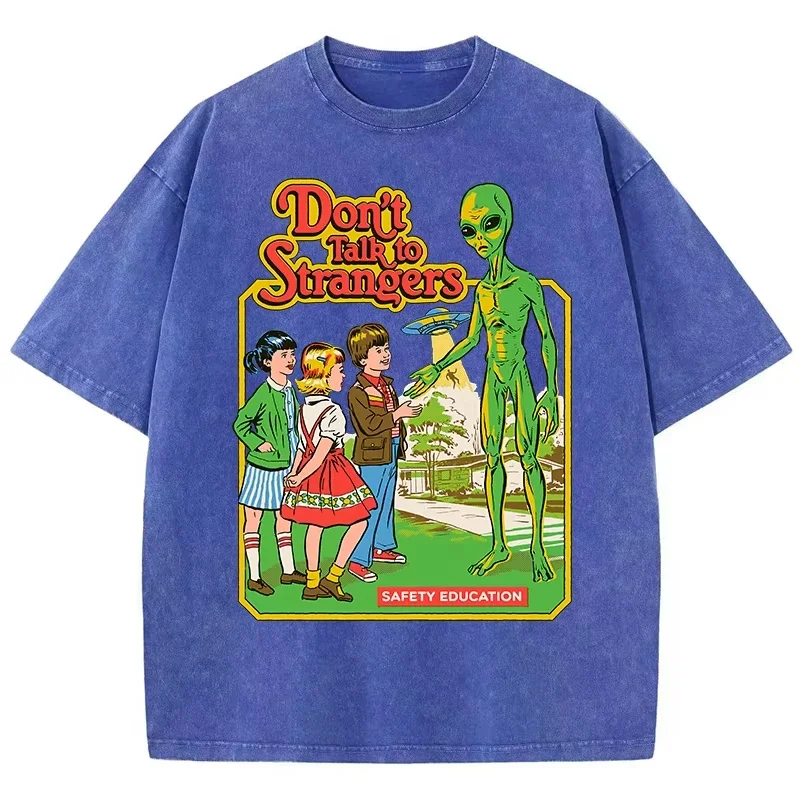 2026 Cartoon Alien Classic Communication Print Women Breathable Cotton Short Sleeve Washed Vintage Worn Out Female T Shirts