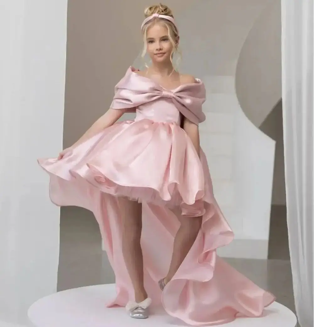 Pink High Low Girls Birthday Party Gowns Soft Satin Bow Flower Girl Dresses For Wedding Customized Girl's Prom Gowns