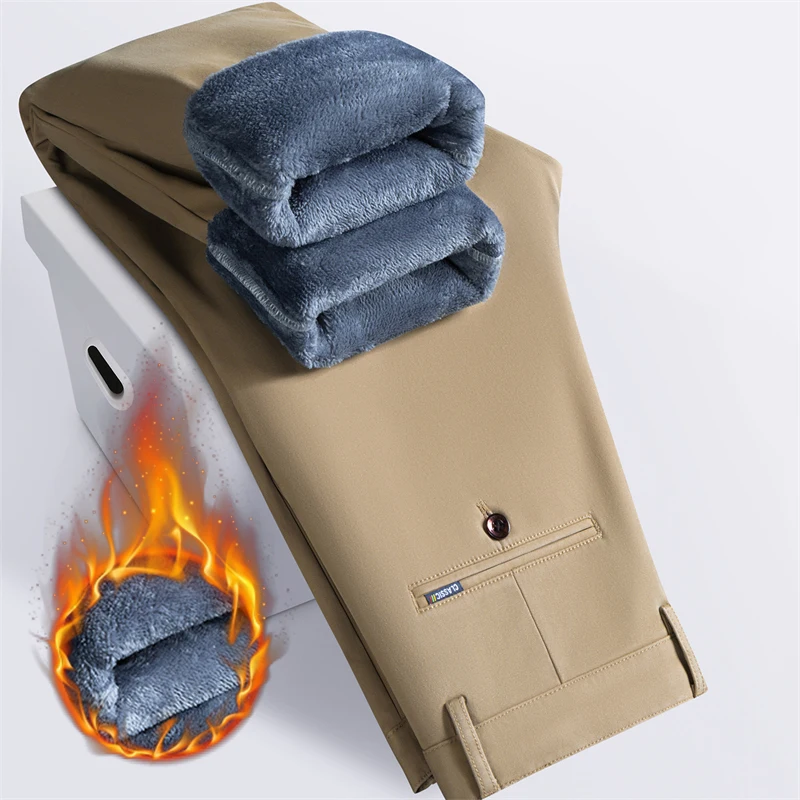 

Winter Business Plush Casual Pants Men's Straight Thick Comfortable Brand Fashion Trousers Warm Plush Loose Stretch Pants