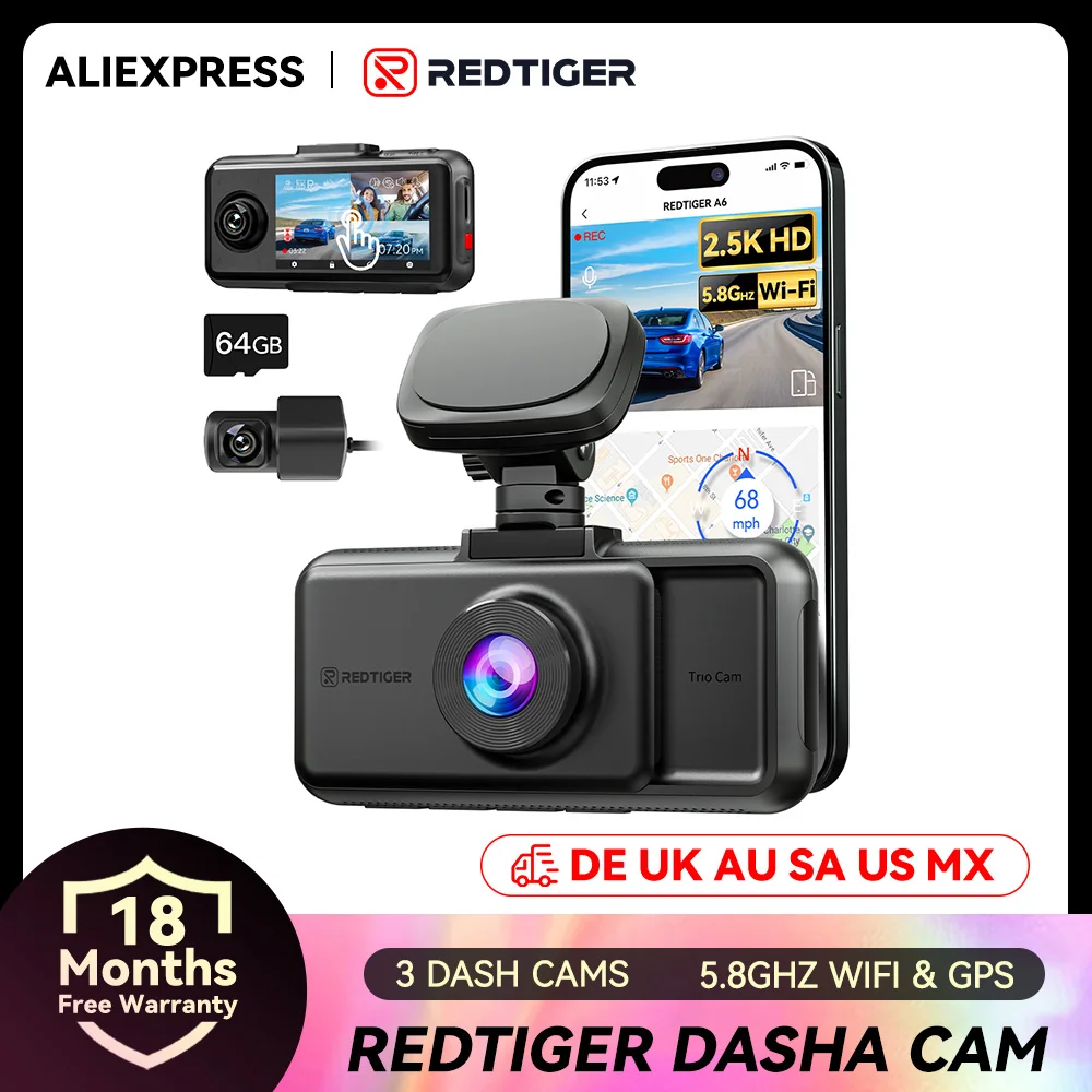 REDTIGER A6 4K cámara de salpicadero integrada 5,8 Ghz WiFi GPS coche DVR actualización visión nocturna Monitor de estacionamiento 3 cámaras cámara frontal/cabina/trasera