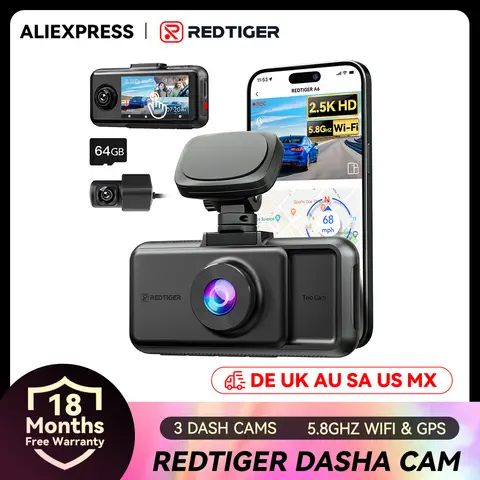 REDTIGER A6  3 Cameras Front/Cabin/Rear Cam 4K Dash Cam Built-in 5.8Ghz WiFi GPS Car DVR Night Vision Parking Monitor 3 Cameras