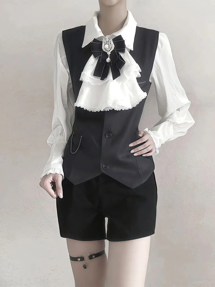 Elegant British Style Three-Piece Set with Shorts Vest Shirt And Bowtie for Women Cool And Sweet Teenage Feeling