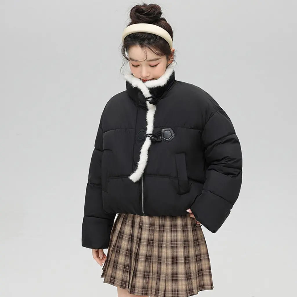 

Women's High Neck down Cotton-Padded Coat Korean Style Trendy Thickened Lambskin Jacket with Buckle for Winter